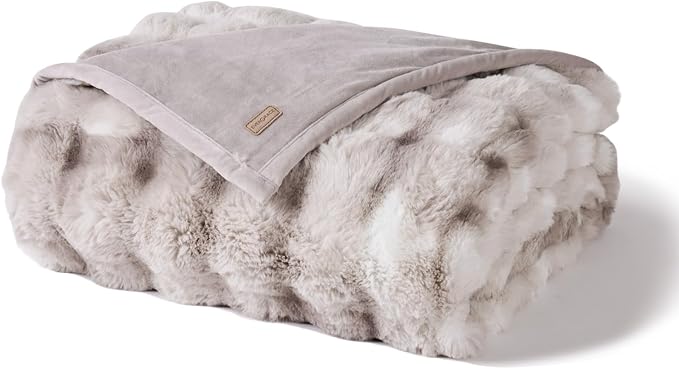 EverGrace Faux Rabbit Fur Bubble Throw Blanket, 90"x90", Light Grey | Ultra Soft, Luxury Faux Rabbit Fur Throw, Thick Warm Bubble Blanket, Cozy Fluffy Reversible, for Bed, Couch, Chair, Sofa
