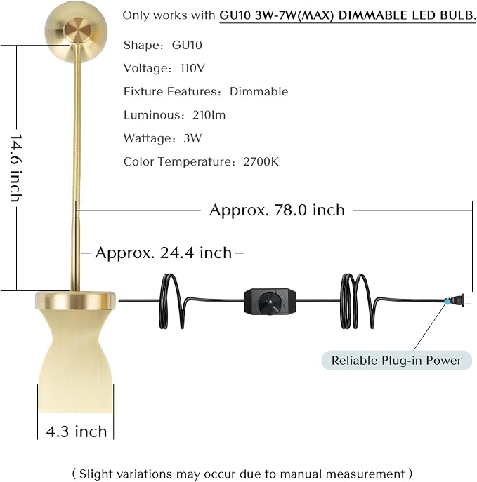 Patented Innovative Design Headboard Reading Light Pro. No Drilling Book Light for Bedtime Reading. Dimmable LED Book Reading Lamp with Bulb. Movable & Flexible, Gold