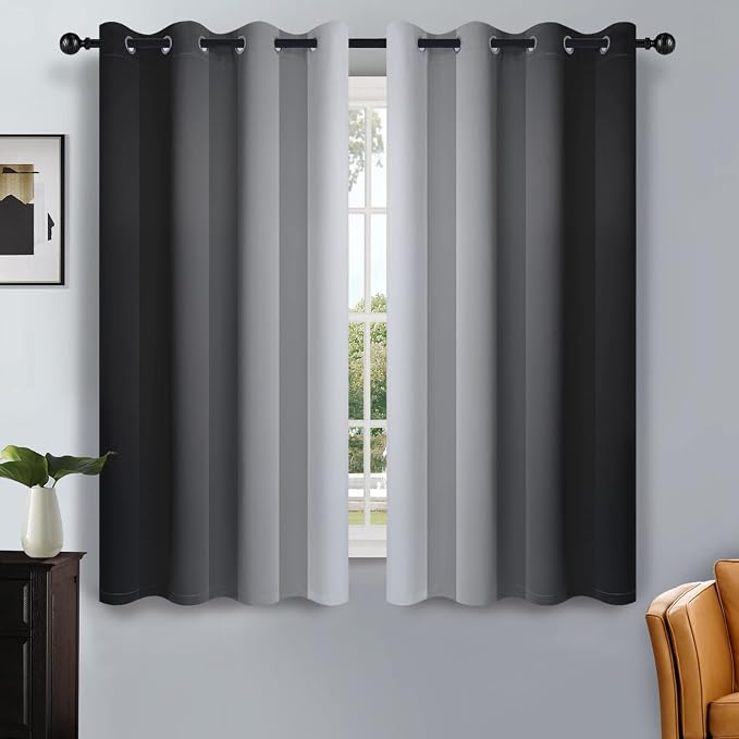 SimpleHome Ombre Black to Grey White Curtains for Living Room 52Wx54L | Room Darkening Curtains for Bedroom,Gradient Light Blocking Curtain,Thermal Insulated Grommet Window Drapes,2 Panels,54 Inch