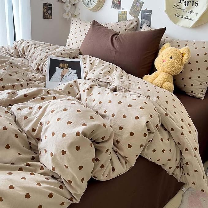 Nayoroom Brown Heart Duvet Cover Set Queen Vintage Farmhouse Bedding | Soft Breathable Washed Microfiber, All-Season Comfort, Hidden Zipper, 4 Corner Ties, Modern Aesthetic Bedding