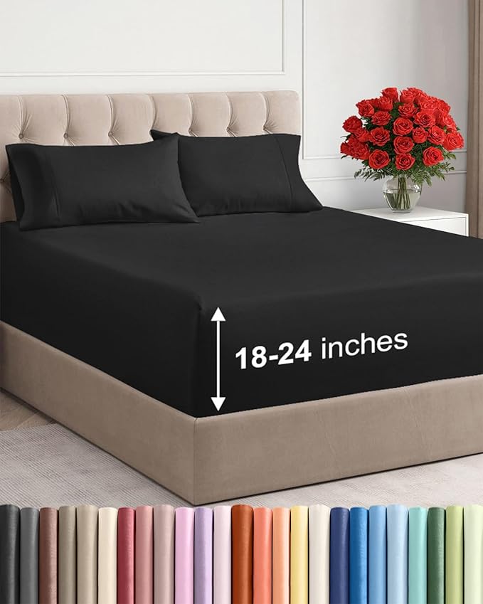 Extra Deep Full Sheet Set - 4 Piece Breathable & Cooling Bed Sheets - Black | Easily Fits 18 to 24 inch Mattress - Ultra Soft, Wrinkle & Fade Free with Extra Deep Pockets - Comfy Hotel Luxury Bedding