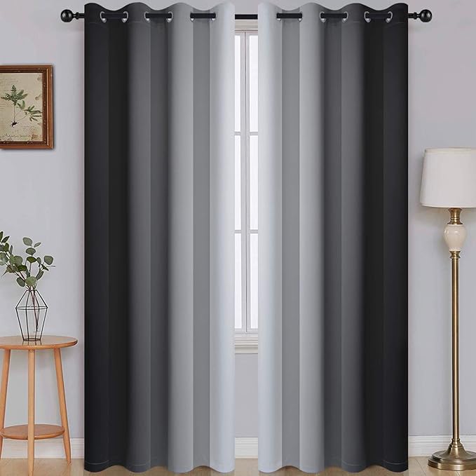 SimpleHome Ombre Black to Grey White Curtains for Living Room 52Wx96L | Room Darkening Curtains for Bedroom,Gradient Light Blocking Curtain,Thermal Insulated Grommet Window Drapes,2 Panels,96 Inch