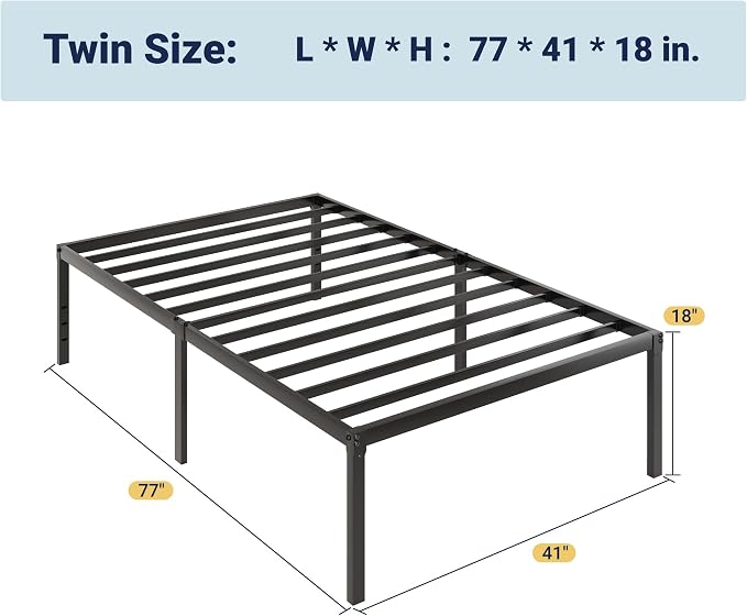 Allewie Twin Bed Frame, 18 Inch Metal Beds with Storage Space, Black | Heavy-Duty Metal Platform Beds, Large Under-Bed Storage Space, No Box Spring Needed, Easy Assembly