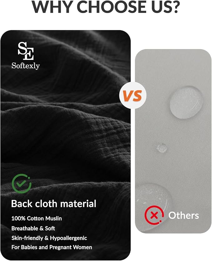 SE SOFTEXLY Muslin Duvet Cover King Size, 100% Washed Cotton Duvet Cover Set, Ultra Soft Comforter Cover Linen Like, 3 Pieces Minimalist Gauze Duvet Cover with 2 Pillowcases, 90"x104", Black