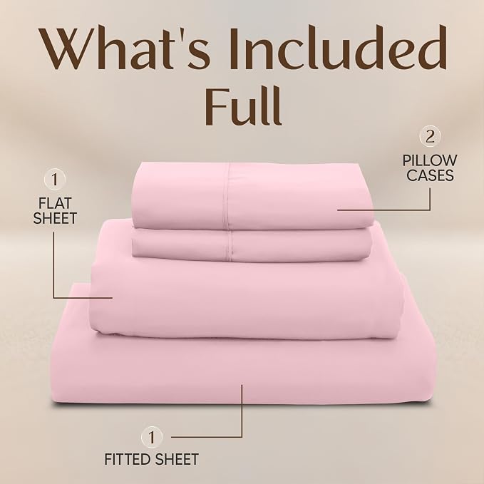 Full Sheets Set, 4 Pieces 16" Deep Pocket Hotel Luxury Sheets, Crystal Pink | Extra Soft Bedsheet Set, Comfy & Breathable Cooling Sheets, Wrinkle & Fade Resistant, Fitted Sheet, Flat Sheet, 2 Pillowcases