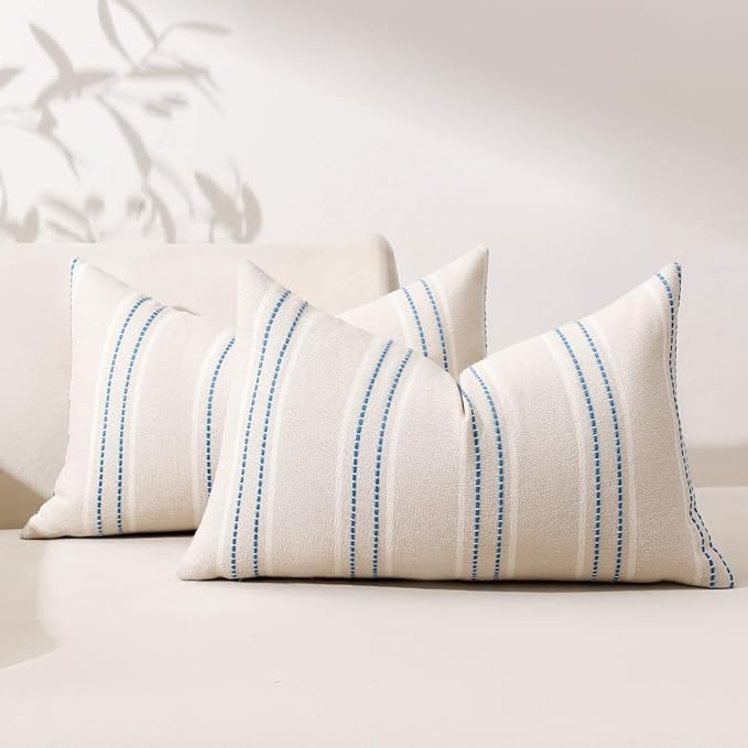 Hckot Stripe Throw Pillow Covers 12x24 Lumbar Lake Blue Pillow Covers | Farmhouse Decorative Pillows Textured Cushion Covers for Sofa Couch Bed Living Room Decor