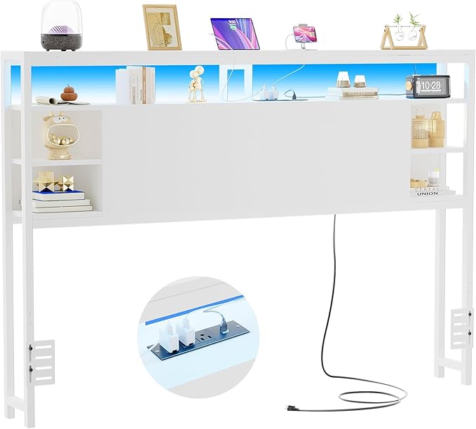 Unikito Queen Size Headboard with Storage, Headboards with Power Outlets and RGB LED Lights, Sturdy Head Board for Queen Size Bed, Stable Headboard Only for Bedroom, Dorm Room, Guest Room, White