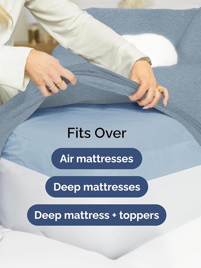 Extra Deep Split King Sheet Set - 7 Piece Cooling Sheets - Heathered Blue | Hotel Luxury Bed Sheets Set, Easy & Secure Fit, Ultra-Soft, Wrinkle & Fade Free, Comfy Sheets Set with Extra Deep Pockets