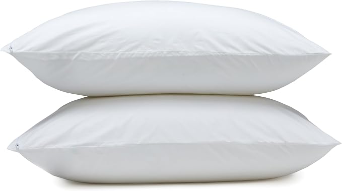 Amazon Basics Down Alternative Bed Pillows and Pillow Protector Case Set, Medium Density, Standard Size 26" x 20", Hypoallergenic, Microfiber, Washable, White, 2-Pack