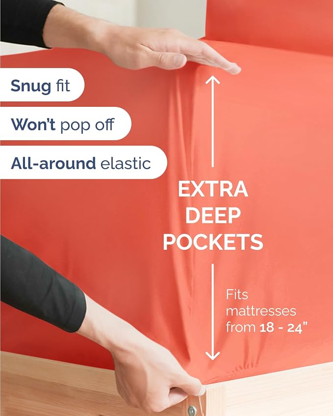 Flex Top Split Head King Sheet Set - 4 Piece Extra Deep Sheets - Coral | Easily Fits 18 to 24 inch Mattress, Ultra Soft, Wrinkle & Fade Free with Extra Deep Pockets, Comfy Hotel Luxury Bedding