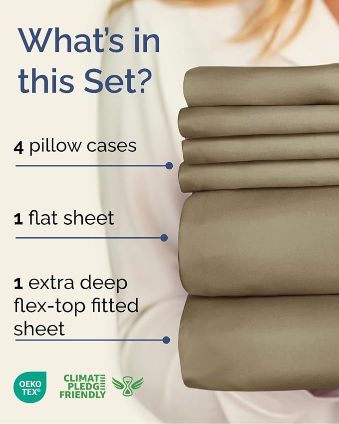 CGK Unlimited Extra Deep Flex Top Split Head King Sheet Set - 6 Piece Breathable and Cooling Sheets - Hotel Luxury Bedding for Women, Men, Kids & Teens - Easy Secure Fit - Extra Deep Pockets - Khaki