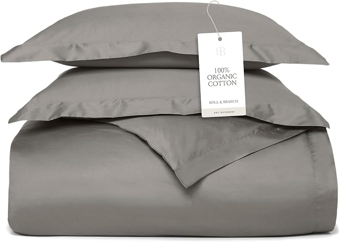 BOLL & BRANCH Signature Hemmed Duvet Set, Twin/Twin XL, Stone | 1 Duvet Cover, 1 Sham - Luxury 100% Organic Cotton - Buttery Soft, Hidden Closures