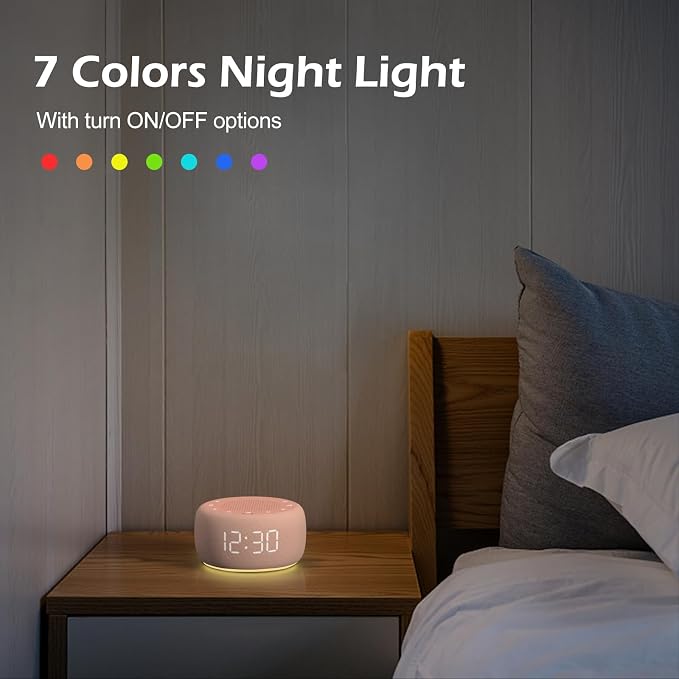 Buffbee Sound Machine & Alarm Clock 2-in-1, Bedroom Sleep Clock, Peach | 0-100% Clock Face Brightness, Bottom Colored Light, Sleep Timer, Precise 30-Level Volume White Noise Machine