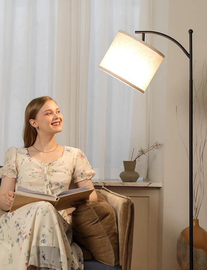 60" Modern Floor Lamp with Beige Shade, 9W LED Bulb | 3 Color Temperatures Bulb, Adjustable Linen Shade, Standing Lamps for Living Room Bedroom Office Classroom Dorm, Black Pole