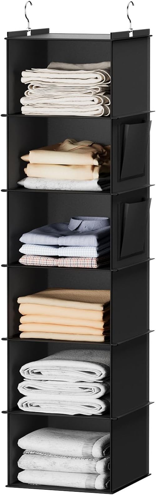 YOUDENOVA Hanging Closet Organizer and Storage, 6-Shelf, Black | Breathable Fabric, 2 Side Pockets, Clothes Organizer, Hanging Shelves, Closet Storage, College Dorm Room Essentials for Guys