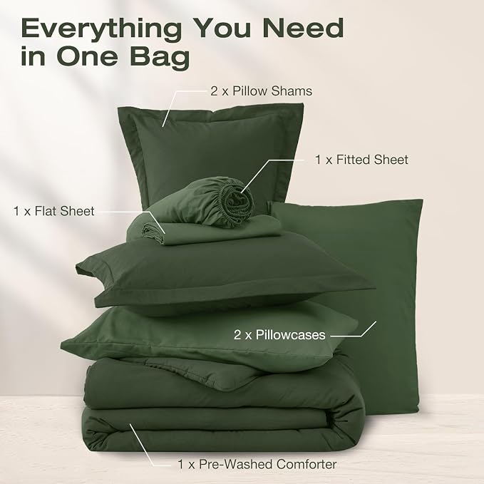 Sasttie Queen Comforter Set 7-Piece Dark Green, Pre-Washed Bed in a Bag | Soft & Breathable, All-Season Bedding Set with Comforter, Sheets, Pillowcases & Pillow Shams, OEKO-TEX, Down Alternative