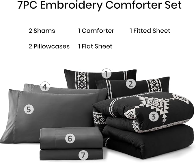 MaiRêve Embroidery Oversized Queen Comforter Set 7 Pieces Bed in a Bag | Black Western Boho Bedding Sets Farmhouse with Comforter, Sheets, Pillowcases & Shams