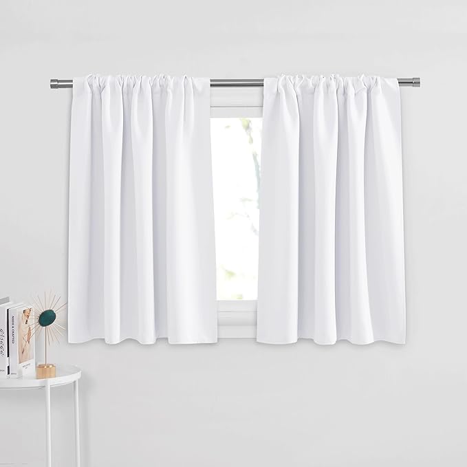 PONY DANCE Window Curtain Valances - Rod Pocket Drapes Set Thermal Insulated Curtain Panels Noise Reducing Window Treatment for Kitchen, 42 W x 36 L inch, Pure White, 2 PCs