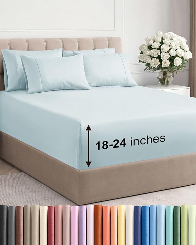 Extra Deep Queen Sheet Set - 6 Piece Breathable & Cooling Sheets - Ice Blue | Hotel Luxury Bed Sheets Set, Easy & Secure Fit, Ultra-Soft, Wrinkle & Fade Free, Comfy Sheets Set with Extra Deep Pockets