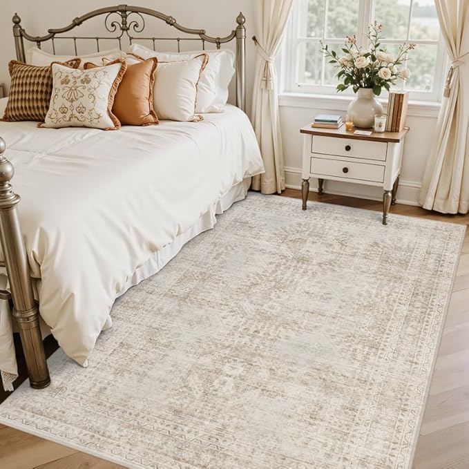 6x9 Area Rugs Living Room: Bedroom Neutral Washable Carpet Brown | Vintage Boho Soft Small Indoor Decor Floor Non-Slip Low Pile Neutral Farmhouse Entryway Laundry Bathroom Bedroom Beside Rugs