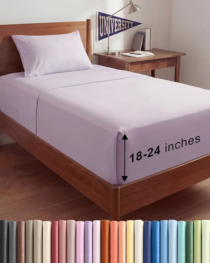 Extra Deep Twin XL Sheet Set - 3 Piece College Dorm Room - Light Lavender | Soft, Breathable & Cooling, Easily Fits 18 to 24 inch Mattress, Wrinkle Free & Fade Resistant with Extra Deep Pockets