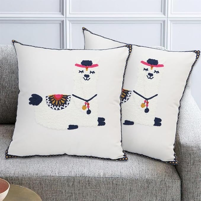 Pack of 2 Embroidered Decorative Throw Pillow Cover 18x18 Inch Farmhouse Floral Pillowcase for Living Room Sofa Bed (Cute Llama)