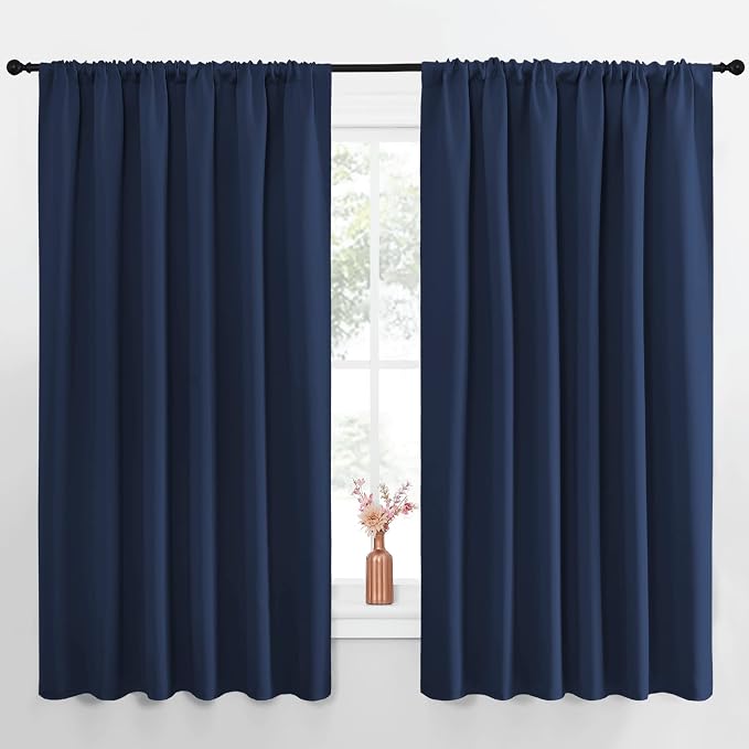 NICETOWN Blackout Curtains for Bedroom, Blackout Draperies, Home Decorations Thermal Insulated Solid Rod Pocket Blackout Drapes for Cafe (Navy, One Pair, 70 x 63-inch)