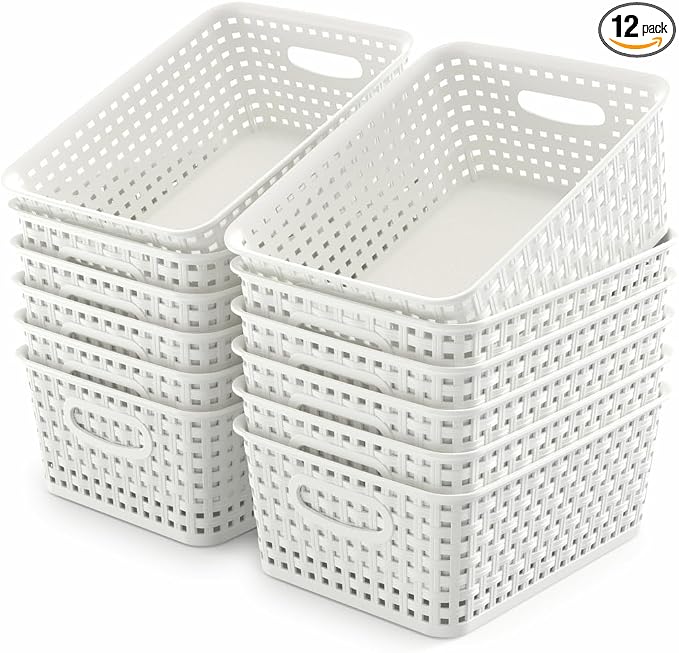 WYT 12-Pack Plastic Small Shelf Storage Weave Baskets for Organizing, White