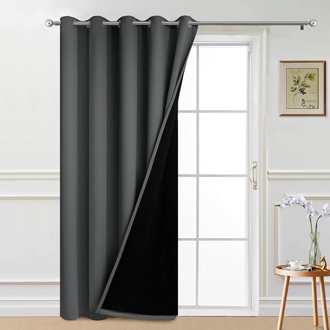 Yakamok Dark Grey Blackout Patio Door Curtain Panels W70 x L84, 1 Panel | Noise Reducing Barrier Panel for Sliding Glass Door, 2 Thick Layers Heat Full Light Blocking Patio Door Drapery