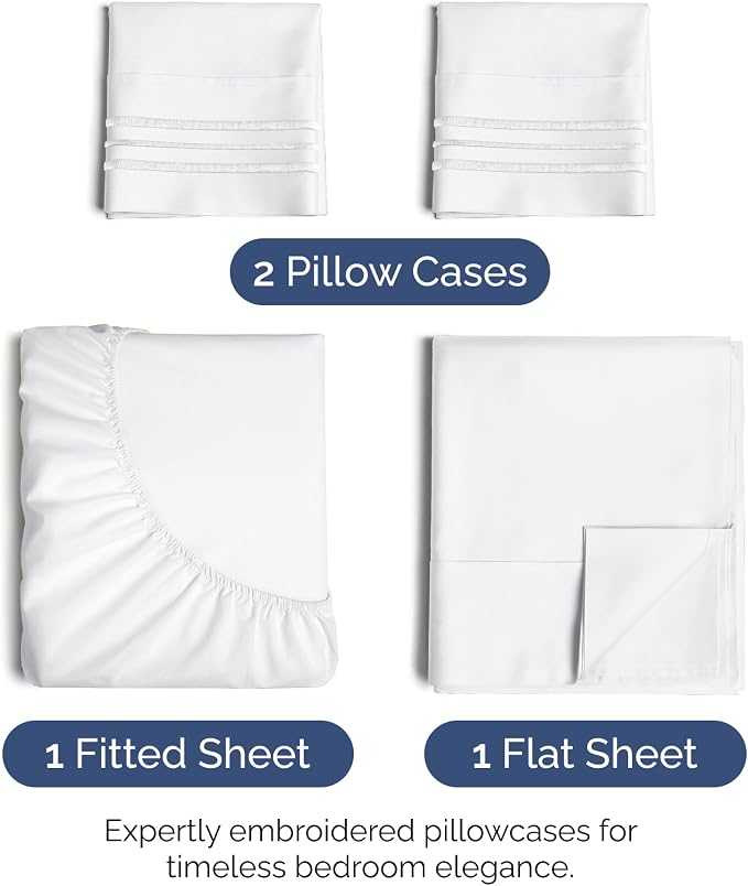 Cal King Size 4 Piece Sheet Set - Soft & Cooling Bed Sheets - Bright White | Fits 8 Inch to 16 inch Mattress, Wrinkle Free & Fade Resistant with Deep Pockets, Breathable, Comfy Hotel Luxury Bedding