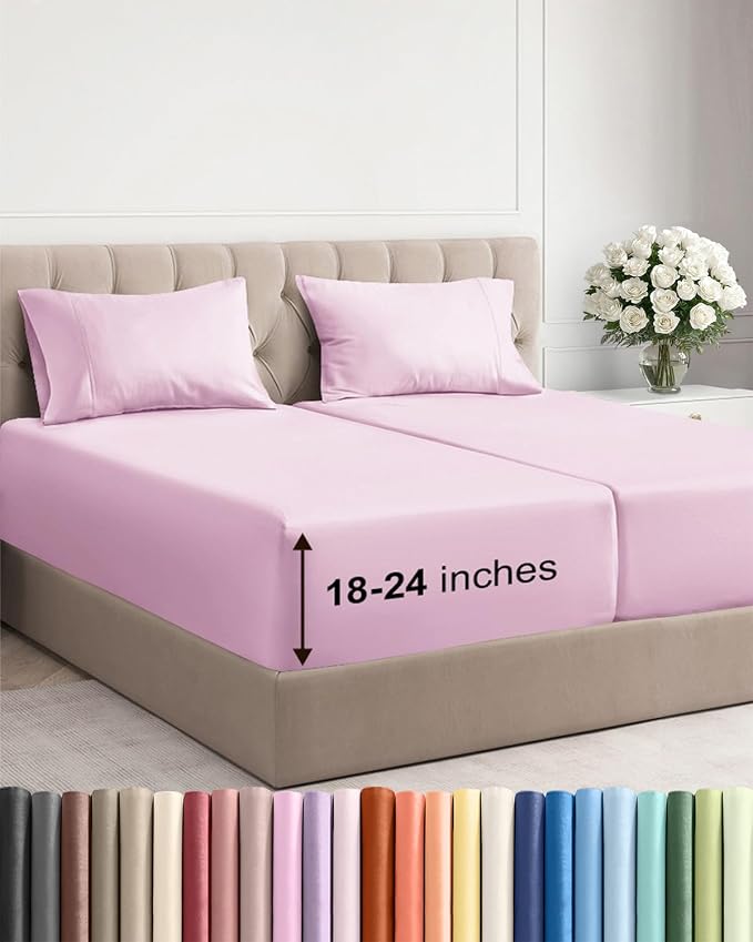 Extra Deep Split King Sheet Set - 5 Piece Breathable Cooling - Light Pink | Easily Fits 18 to 24 inch Mattress - Ultra Soft, Wrinkle & Fade Free with Extra Deep Pockets - Comfy Hotel Luxury Bedding