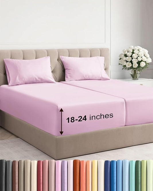 Extra Deep Split King Sheet Set - 5 Piece Breathable Cooling - Light Pink | Easily Fits 18 to 24 inch Mattress - Ultra Soft, Wrinkle & Fade Free with Extra Deep Pockets - Comfy Hotel Luxury Bedding
