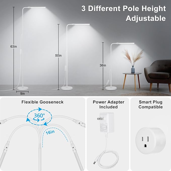 White Floor Lamp, 18W/2000LM Bright LED Floor Lamp for Living Room, Adjustable Gooseneck Dimmable Standing Office Task Lamp for Reading, Study, Eye Caring Lash Light for Sewing Tatoo Facial Spa