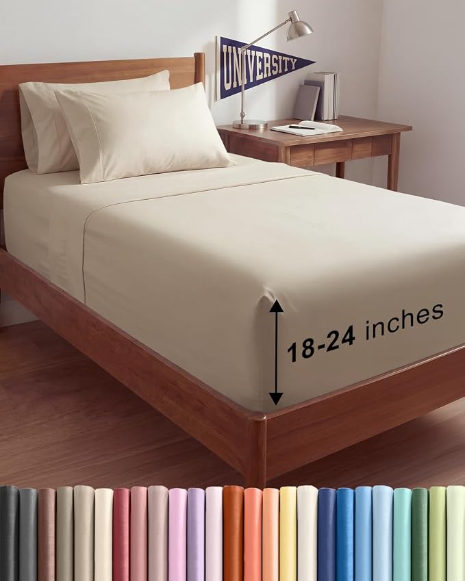 Extra Deep Twin XL Sheet Set - 4 Piece College Dorm Room - Wheat | College Dorm Room Essentials, Easy & Secure Fit, Ultra-Soft, Wrinkle & Fade Free, Comfy Sheets Set with Extra Deep Pockets