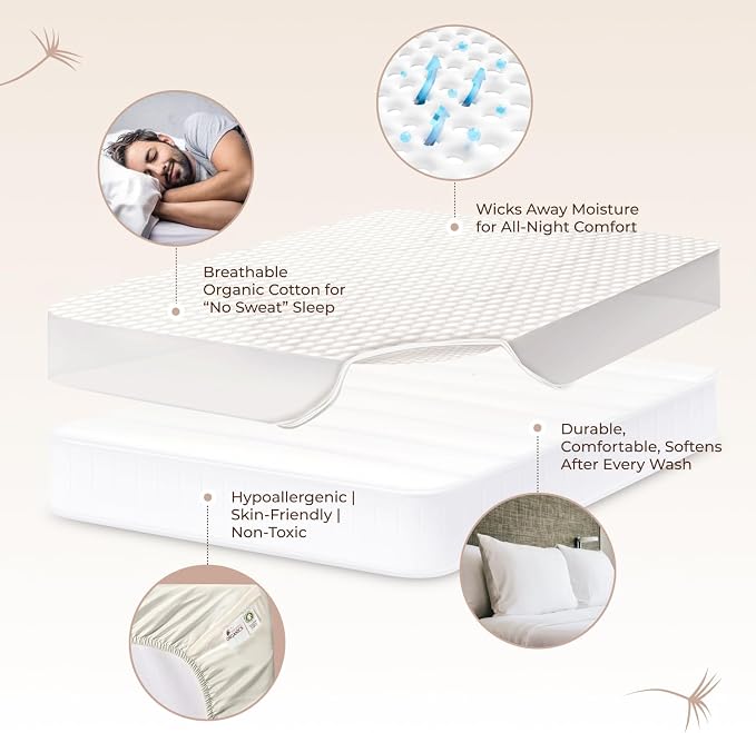 100% Cotton Organic Mattress Pad - Breathable & Cooling Mattress Protector RV Short Queen - Premium 300GSM Quilted & Machine Washable - Fairtrade & GOTS Certified Bed Protector (White, RV Short Queen)