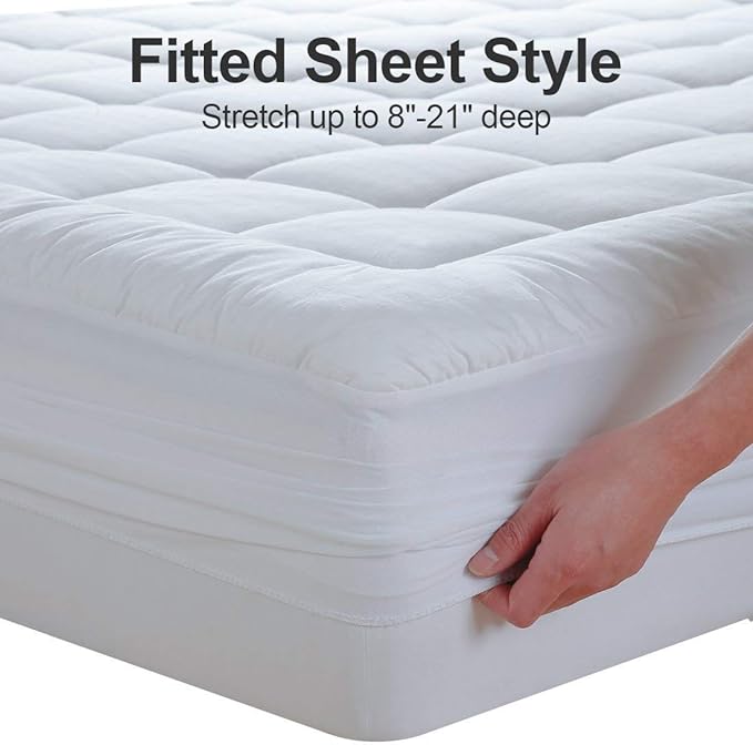 EASELAND Queen Size Mattress Pad Cotton Pillow Top Mattress Topper White | Cooling Mattress Cover Cotton Top,8-21" Deep Pocket Protector,60x80 Inches,Boxing Quilted & Machine Washable