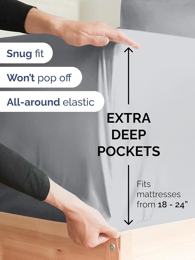 Extra Deep Split King Fitted Sheet - Single Fitted Sheet Only - Steel Blue | Easily Fits 18 inch to 24 inch Mattress, Soft, Wrinkle Free, Breathable & Comfy, Extra Deep Pockets Hotel Luxury Fitted Sheet