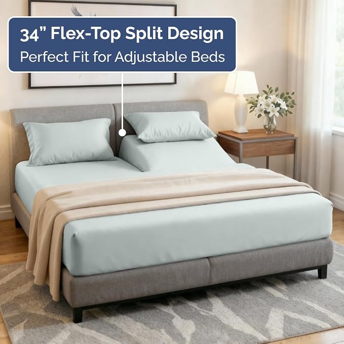 Flex Top Split Head King 4 Piece Sheet Set - Soft & Breathable - Ice Blue | Cooling Bed Sheets Set, Hotel Luxury Bedding for Women & Men with Deep Pockets, Wrinkle Free & Fade Resistant, Oeko-Tex
