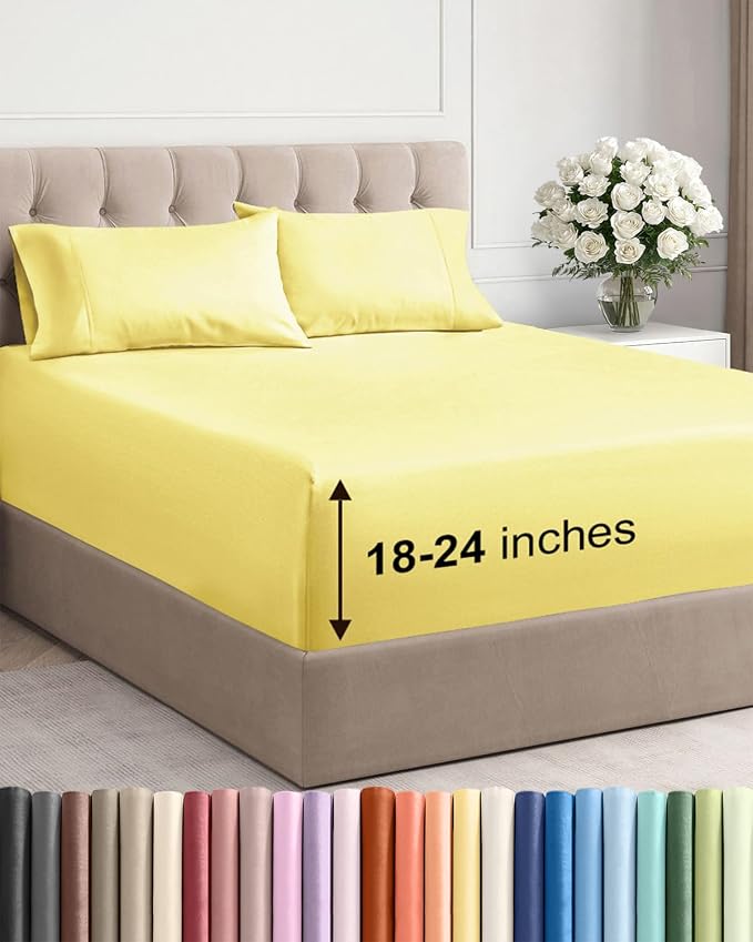 Extra Deep Full Sheet Set - 4 Piece Breathable & Cooling Sheets - Yellow | Easily Fits 18 to 24 inch Mattress - Ultra Soft, Wrinkle & Fade Free with Extra Deep Pockets - Comfy Hotel Luxury Bedding