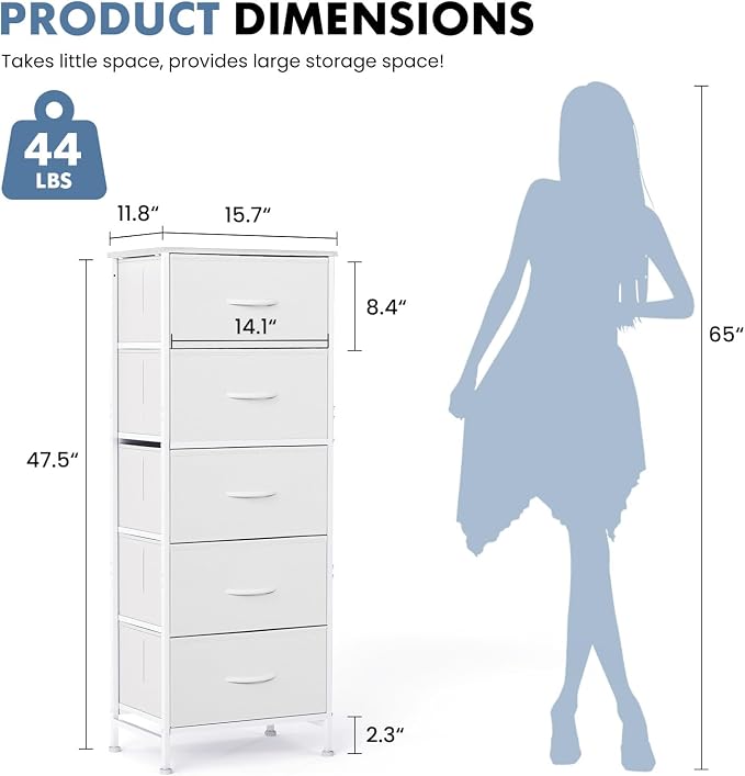 DUMOS Nightstand with 5 Drawers Bedside Table with Removable Fabric Bins Sturdy Steel Frame Wood Top Organizer Furniture for Bedroom Closet Living Room, White