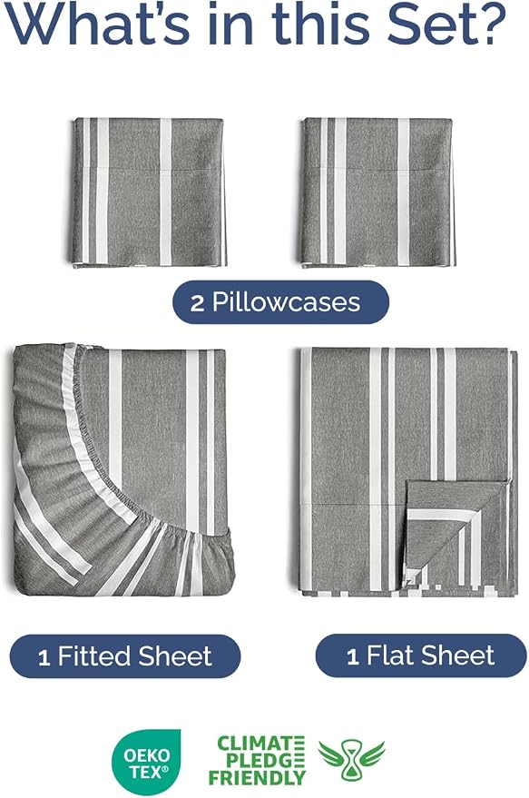 Extra Deep Twin Sheet Set - 4 Piece Breathable & Cooling - Grey Stripes | Hotel Luxury Bed Sheets Set, Easy & Secure Fit, Ultra-Soft, Wrinkle & Fade Free, Comfy Sheets Set with Extra Deep Pockets