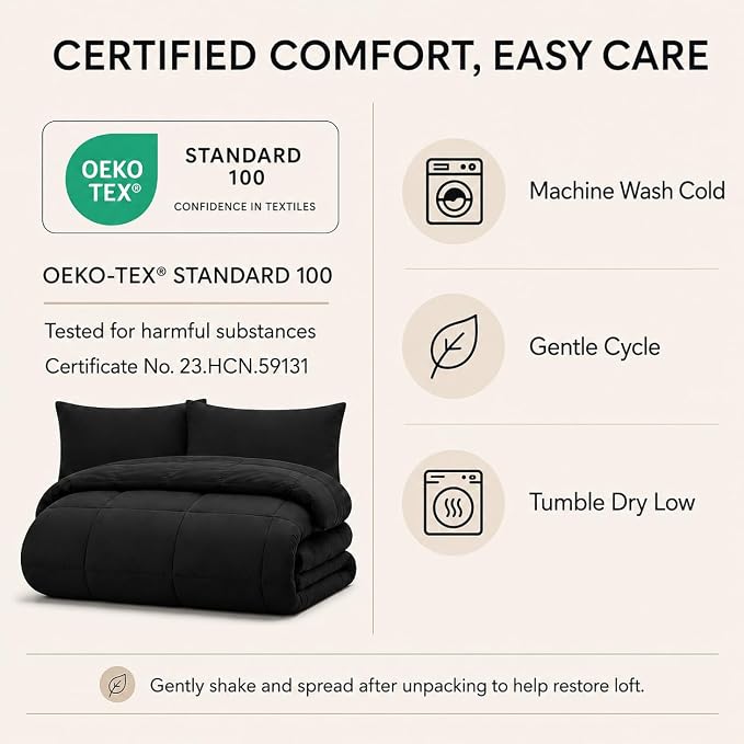 King Size Comforter Set Black - 7 Pieces Bed in a Bag | OEKO-TEX Certified, All-Season, Bedroom, Guest Room, Down-Alternative Comforter + Flat & Fitted Sheets + 4 Pillowcases
