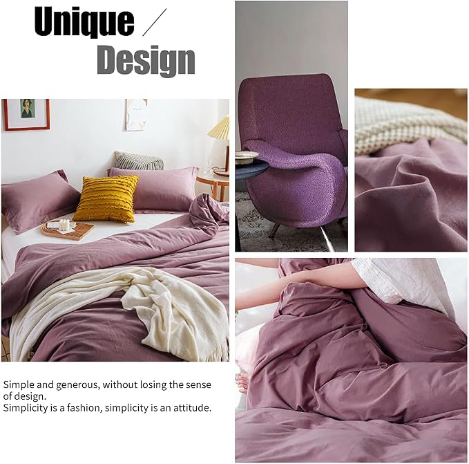 Simple&Opulence 100% Linen Duvet Cover Set 3pcs Basic Style Natural French Washed Flax Solid Color Soft Breathable Farmhouse Bedding with Button Closure - Purple, King