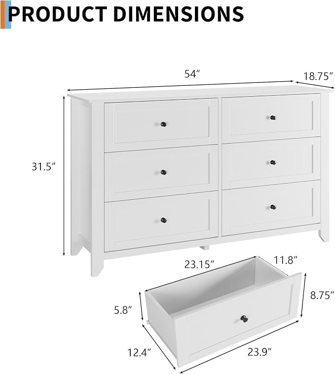 Garvee White 6-Drawer Dresser for Bedroom, 54" Long Chest of Drawers | Modern Lacquered Storage Drawers Organizer, 15.8"D x 54"W x 31.5"H, Storage Dresser with Deep Drawers for Hallway Entryway