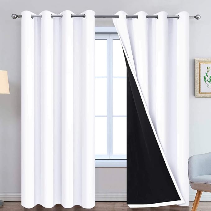 Yakamok Pure White 100% Blackout Curtains 96 Inches Long 52" Wide 2 Panel | Blackout Curtain Panels for Bedroom, 2 Thick Layers Grommet Top Thermal Insulated Drapes with Black Liner for Living Room
