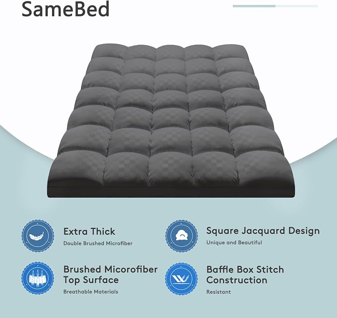 SameBed Mattress Topper Queen,Extra Thick Mattress Pad Cover for Back Pain,Cooling Mattress Protector with 8-21 Inch Deep Pocket,Overfilled Down Alternative Filling,Grey