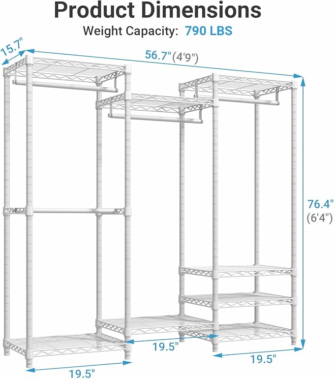 VIPEK V5 Medium Freestanding Clothes Rack, Modular Closet System, White | 790 lbs Load, 4 x 19.5 in hanging rods, 8 x shelves (2 adjustable), Supports expansion with accessories
