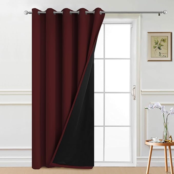 Yakamok Burgundy Red Blackout Patio Door Curtain Panels W70 x L84,1 Panel | Noise Reducing Barrier Panel for Sliding Glass Door, 2 Thick Layers Heat Full Light Blocking Patio Door Drapery