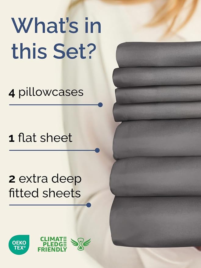 Extra Deep Split King Sheet Set - 7 Piece Breathable & Cooling - Dark Grey | Hotel Luxury Bed Sheets Set, Easy & Secure Fit, Ultra-Soft, Wrinkle & Fade Free, Comfy Sheets Set with Extra Deep Pockets