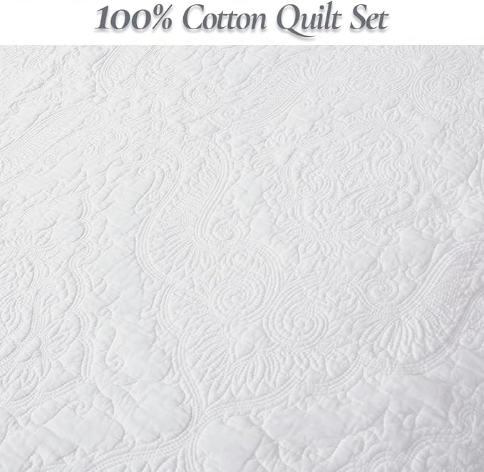 Cozy Line Home Fashions Solid White 100% Cotton Quilt Set, King | 3-Piece, Textured Damask Stitch, King Shams, All Season